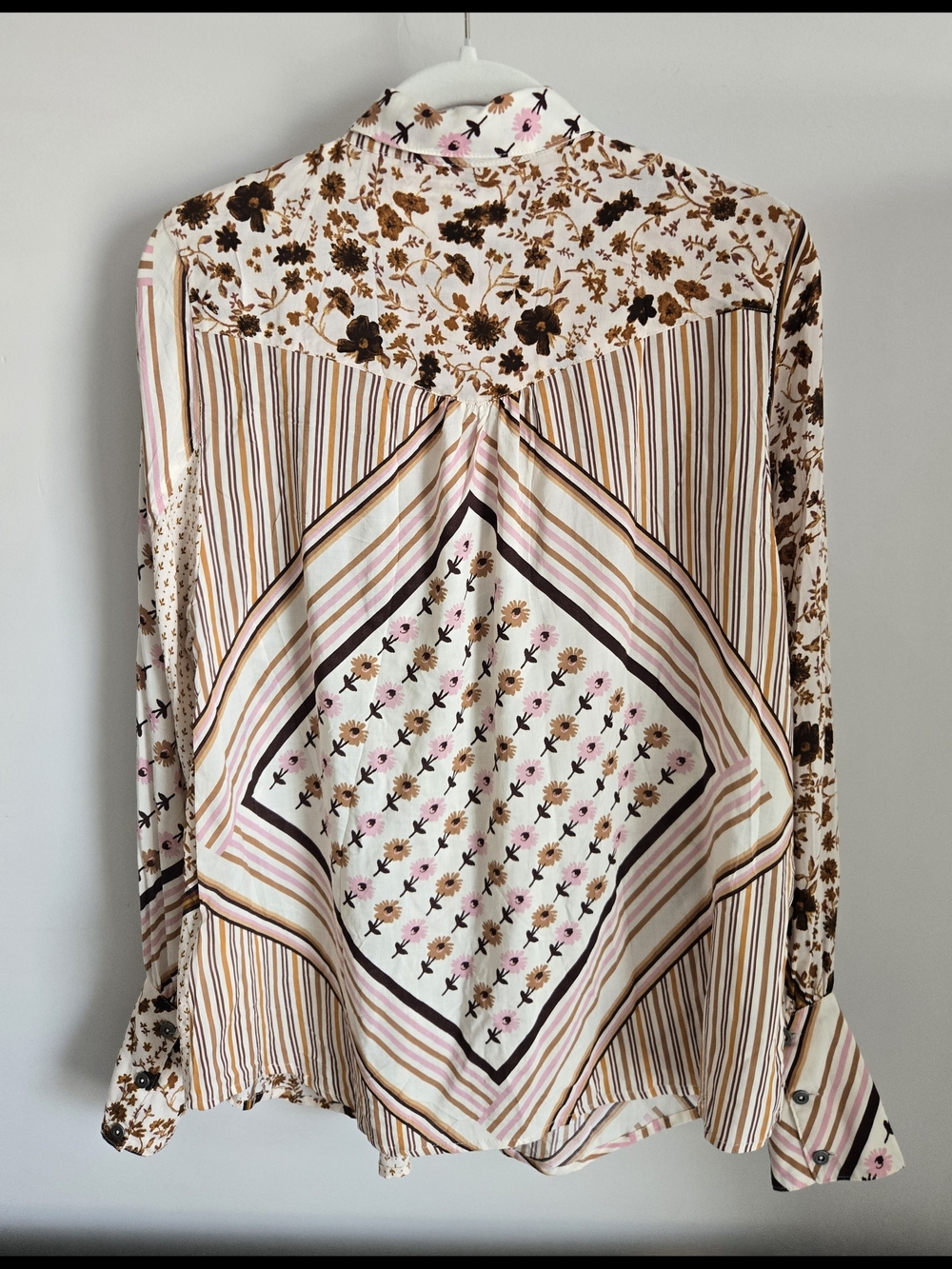 Free People Mixed Print Button Front Blouse Small Boho Floral Patchwork Shirt - Picture 3 of 4